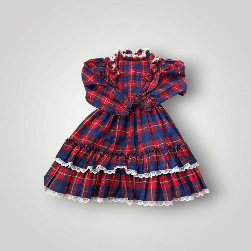 Winnie The Pooh Vintage Plaid Lace Ruffle Dress Kids 7 Red Victorian USA Tartan